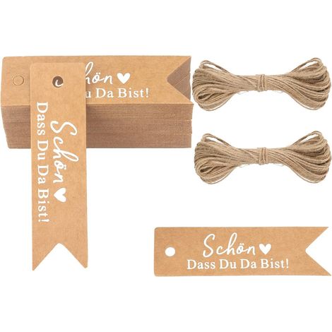 Étiquettes cadeaux « Schön dass du da bist » - Petites étiquettes de mariage pour cadeaux d'invités - Marron et blanc - Étiquettes en papier kraft avec ficelle de jute pour petits cadeaux de (1/5)