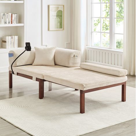 Divano letto pieghevole singolo estraibile, struttura in legno massello, velluto beige (1/5)