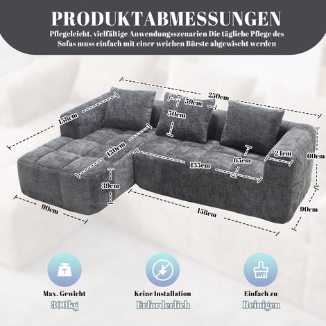 Canapé d'angle 3 places en chenille grise, moderne avec méridienne, accoudoirs et 3 coussins, rangement latéral pour télécommande