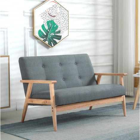 Divano compatto a 2 posti in lino e legno di hevea, grigio scuro, 115 x 66,5 x 73 cm DESVIAE (1/5)