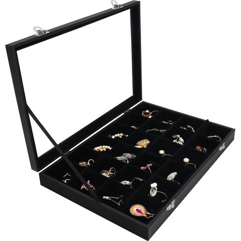 Boite a Bijoux en Velours Noir avec 24 Sections et Couvercle en Verre - Boîte à Bijoux Empilable et Modulable pour Bagues, Colliers, Bracelets, Boucles d’Oreilles et Montres (1/5)