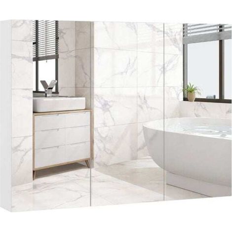 Design sans Cadre MDF Armoire de Toilette Murale avec Miroir 6 Compartiments Réglables Salle de Bain 90x11x65cm Blanc (1/5)