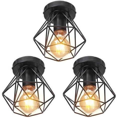 royaluxe- (3X) Plafonnier Rétro Lampe De Plafond D'Intérieur Vintage Noire Luminaire Plafonnier Cage En Fer Métallique , Pour Cuisine, Bureau