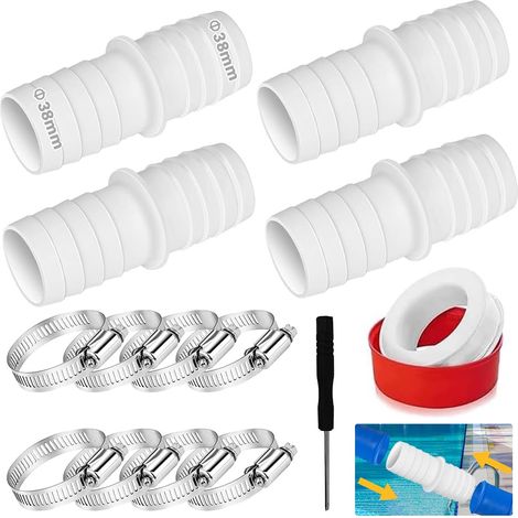 Lot de 4 Adaptateur Tuyau Piscine 38MM,Raccord Tuyau Piscine,Raccord Pompe Piscine Avec 8 Pinces de Tuyau 1 Tournevis 1 Ptfe,Utilisé pour Adaptateur 38MM (1/5)