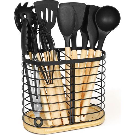 Porte-ustensiles pour comptoir de cuisine, plan de travail de cuisine, grand bol à ustensiles en acier inoxydable noir avec base en bois, 2 compartiments pour ustensiles de cuisine, noir (1/5)