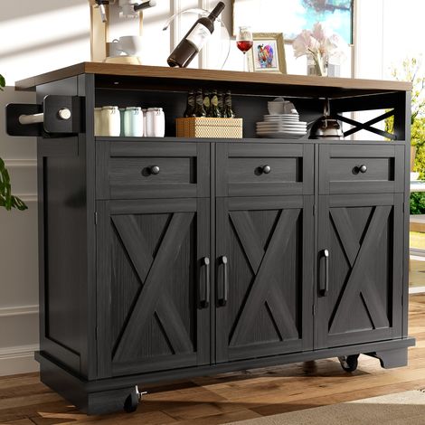 Moderne Kücheninsel (118×43-70×98cm) Küchenschrank Essschrank mit Holzmaserung Esswagen mit Rädern, mit multifunktionalem Stauraum, herausnehmbaren Trennwänden, mit Handtuchhalter, schwarz (1/5)
