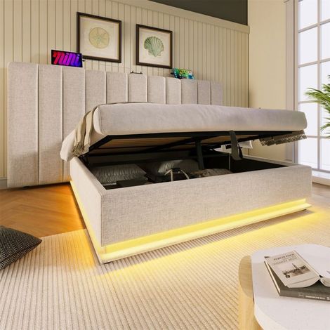 Lit rembourré 180x200 cm - GUTENT - Beige - Avec rangement - LED et USB-C (1/5)