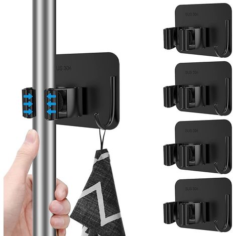 4 Porte-serpillires Et Balais (noirs), Porte-serpillire Sans Perage En Acier Inoxydable Fix Au Mur Avec Pendentif Crochet, Organisateur De Balai E (1/5)