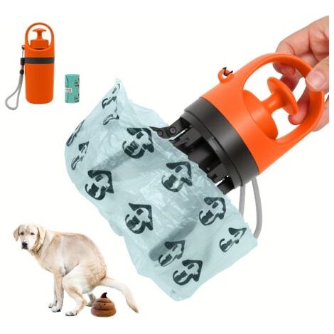 Ramasse-crottes portable orange pour chiens, avec six griffes pour faciliter les promenades et éviter les salissures.