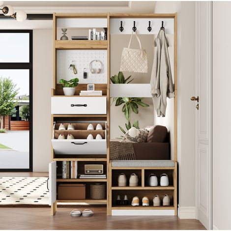 MEUBLIV mueble recibidor 108,5 x 35 x 180 cm blanco/natural – banco y ganchos (1/5)