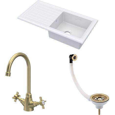 Fireclay Kitchen Bundle - 1 Bowl Sink & Drainer with Waste & Mono Crosshead Tap, 1010mm - Brushed Brass (1/5)