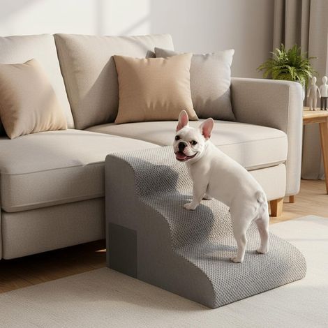 Hundetreppe, 3 Stufen, hochdichter Schaumstoff, rutschfest, waschbarer Bezug, für Bett und Sofa, Grau (1/5)