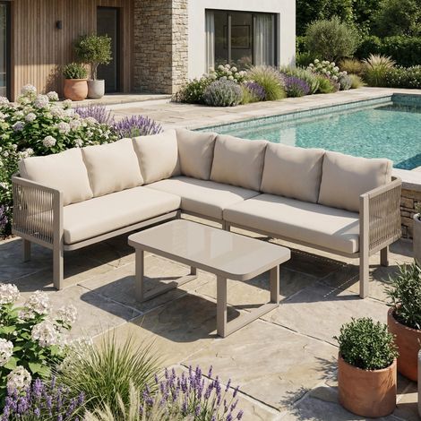 Salon de Jardin d'Angle 6 Places avec Table à Manger – Ensemble Extérieur en Acier Galvanisé avec Accoudoirs en Corde Tressée et Plateau en Verre Trempé (Kaki)