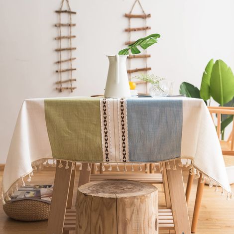 Nappe lavée à franges en coton aspect lin effet lotus, déperlante et antidérapante, idéale pour les tables de restaurant et de jardin (T2, 140 x 220 cm) (1/5)