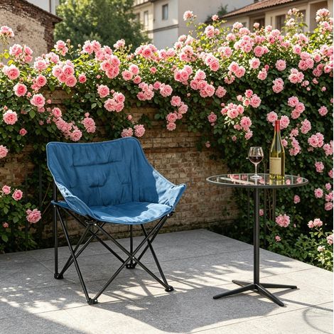 Silla de camping plegable acolchada, respaldo alto, sin montaje, negro y azul DESVIAE (1/5)