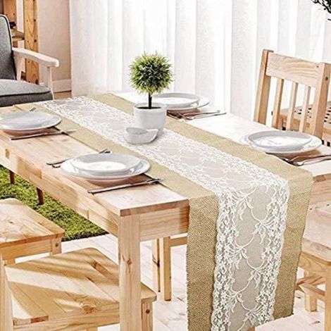 30x275 cm Vintage Chemin de Table Toile de Jute et Dentelle pour Mariage Rustique Festival fête Décorations de Cas (1/4)