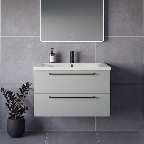 Napoli 460 Gloss Grey Pearl 800mm Wall Mounted 2 Drawer Vanity Unit with Glide Basin - 800mm - Matt Black 480mm Handle