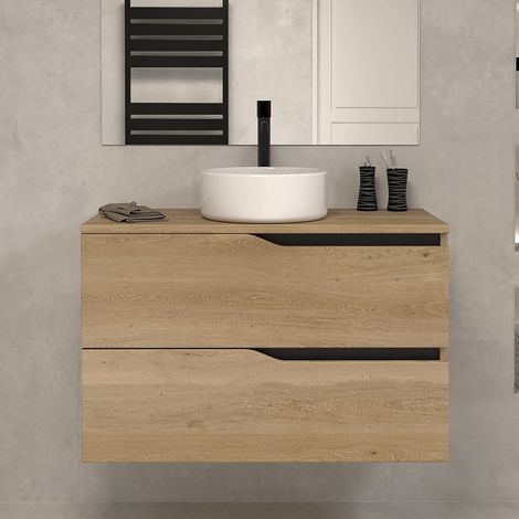 Meuble de salle de bain 80 avec plateau et vasque à poser - sans miroir - 2 tiroirs - madera miel (bois clair) - LUNA (1/5)