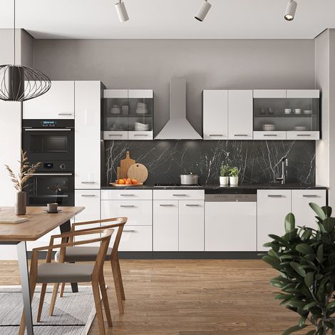 Cuisine R-Line, Blanc brillant/Anthracite, 350 cm avec armoire haute, PT Anthracite, Vicco