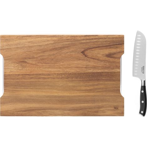 Vulcano - Planche à découper doubles tiroirs 42x28x4cm et Couteau Santoku 18cm (1/5)