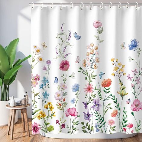 Rideau de douche fleuri, 180 x 200 cm, avec crochets - Motif botanique aquarelle - Lavable, décore la salle de bain - Motif fleurs sauvages (1/2)