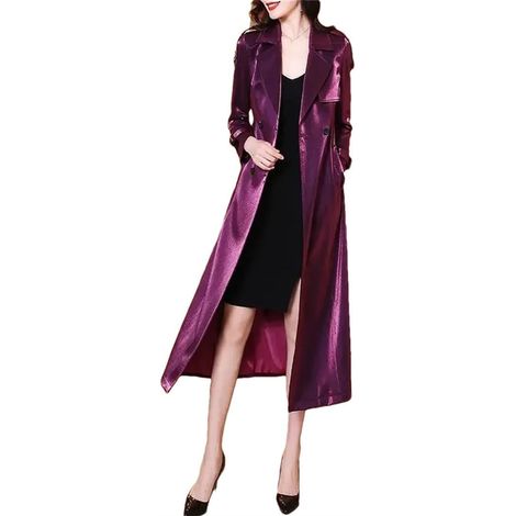 Trench en cuir synthétique pour femme Printemps Automne Violet Noir Double Boutonnage Extra Long Casual Outwear (1/5)