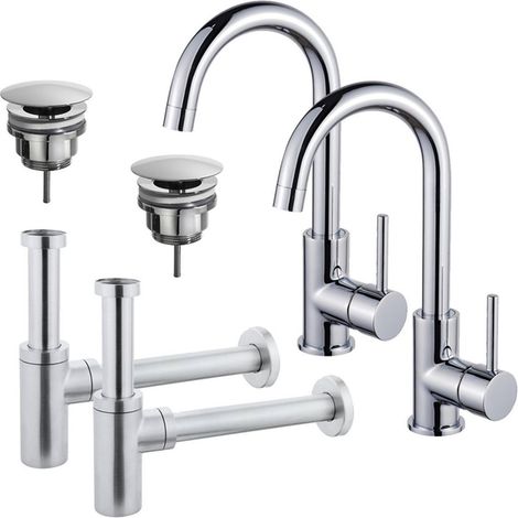 FugaFlow Eccelente Sobrado Kit robinet lavabo - pour double vasque - robinet haut - bec rotatif - bonde non-obturable - siphon design - Chrome (1/4)