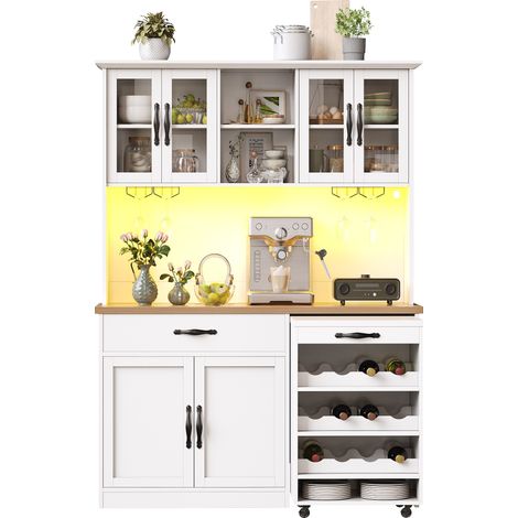 CHICFURN Aparador de cocina 140x38x180 cm blanco MDF con carrito, LED y botellero
