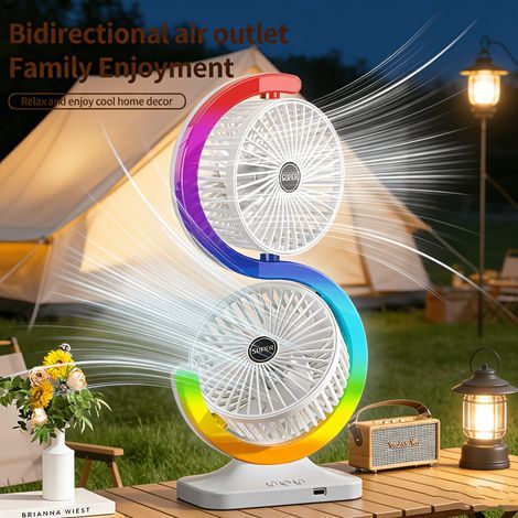 Ventilateur Circulateur d’Air Double Tête avec Éclairage Ambiant Multicolore-Blanc (1/5)