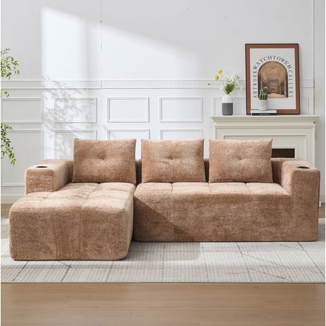Sofá rinconero 255x161x64 cm de chenilla marrón claro, ahorro de espacio para salón FloraGrace (1/5)