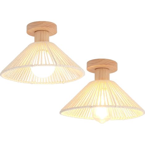 Lot de 2 Plafonniers Rétro en Rotin et Bois Design Bohème Suspension E27 pour Salon Chambre Cuisine 26cm Blanc (1/5)