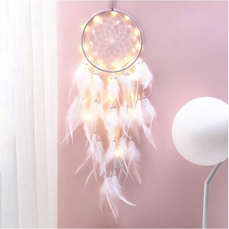 Attrape-rêves en plumes, attrape-rêves lumineux fait main, décoration rétro romantique pour filles, mobile décoratif pour la maison et la chambre (1/5)