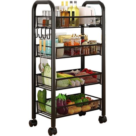 Chariot de rangement roulant, étagères de stockage superposées, paniers mobiles multifonctions pour snacks et légumes, étagère de cuisine noire quatre niveaux (1/5)