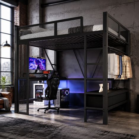 MEUBLIV Letto a soppalco 140x200 cm nero – scrivania, contenimento e LED, senza materasso (1/5)