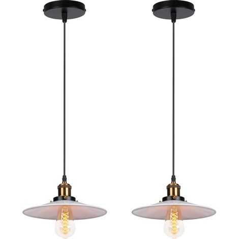 2PCS Rétro Lustre Suspension Industrielle 22cm Plaofnnier Fer Abat-jour en Métal Blanc (1/5)