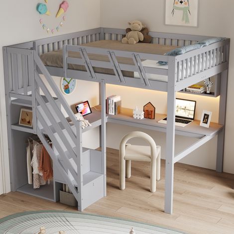 Lit mezzanine enfant 140x200 cm, lit haut combiné avec escalier rangement et bureau, prise usb et led, bois massif, chambre enfant ado, gris (1/5)