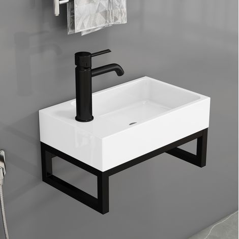 Lavabo compatto sospeso in ceramica bianca opaca, con struttura in metallo e troppopieno, 40x21x25 cm (1/5)