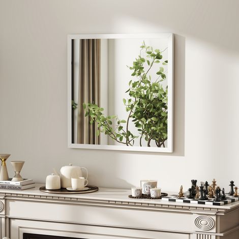 Specchio da parete quadrato 50 x 50 cm, con cornice in legno bianco, ideale per il bagno, il soggiorno o la camera da letto.