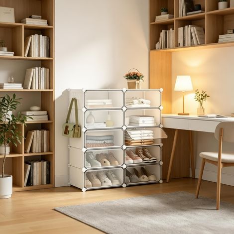 Étagère à Chaussures Modulable 10 Compartiments, Capacité 20 Paires, Portes Anti‑poussière, Polyvalent, Blanc
