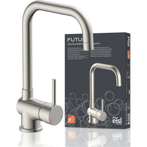 Robinet d'évier avec bec haut, mitigeur monocommande aspect acier inoxydable (1/5)