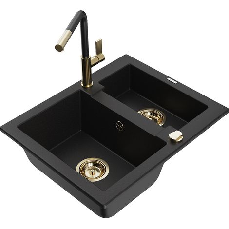 Mexen Carlos 1,5-Becken-Granitspüle mit Mischbatterie Flora, Schwarz - 6518-77-670401-57-G
