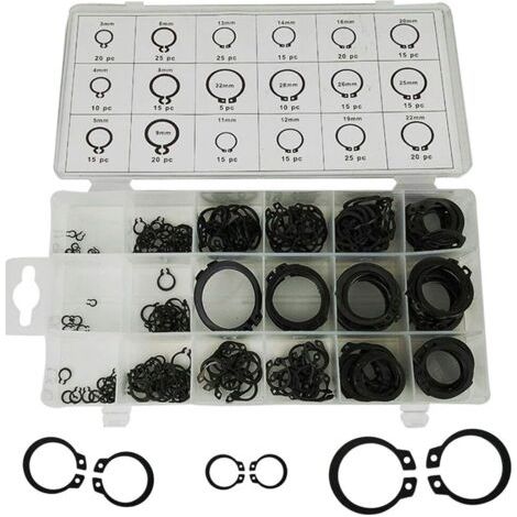 Coffret de Assortiment Circlip Snap,300 PCS 18 Tailles Circlip Snap Clip Snap Ring Assortiment Circlip Kit Externe Pour Anneau à Circlip Avec Boît Noir (3mm-22mm) (1/5)