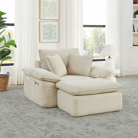 Canapé 1-Sitzer Stoff Beige, modulares Bodensofa mit Fußhocker, Aufbewahrungstaschen, ohne Montage