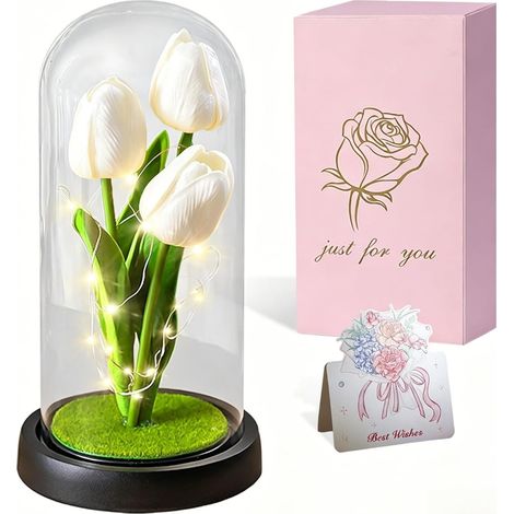 Tulipe éternelle pour elle, lampe tulipe artificielle à LED dans un dôme transparent, décoration d'intérieur pour la Saint-Valentin, anniversaire, fête des mères, anniversaire, cadeau de Noël (1/5)