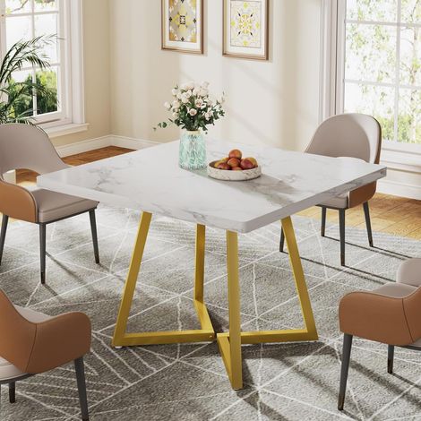 Tribesigns Quadratischer Esstisch für 2, 80 cm, moderner Esstisch mit Metallfuß, Küchentisch für Esszimmer, kleiner Raum, Wohnung, Weiß & Gold (1/5)