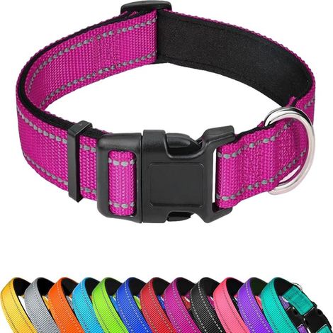 Collier réfléchissant pour chien, collier ajustable en nylon souple rembourré de néoprène avec boucle pour grands chiens, rose rouge, taille L (1/5)