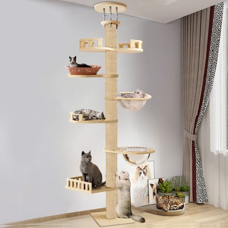 Kletterkratzbaum - 7-stufiger Katzenbaum aus Holz, mit Hanfseil umwickelt, Höhe 295-315 cm, 6 Plattformen, geeignet für ausgewachsene Katzen und Kätzchen.