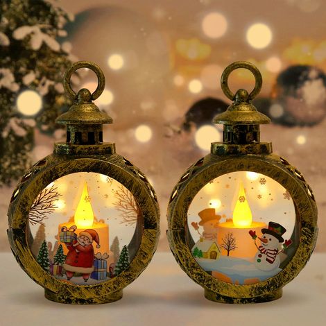 Lanterna natalizia, set di 2 lanterne decorative, lanterna natalizia con neve, luce natalizia da appendere, lanterna a forma di Babbo Natale e pupazzo di neve (1/4)