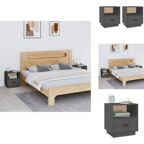 Nachttische 2 Stk. Grau 40x34x45 cm Massivholz Kiefer - Nachttisch - Massivholzmöbel - Kiefernholz Möbel - Grau Nachttisch - Wohnzimmerdeko (1/5)