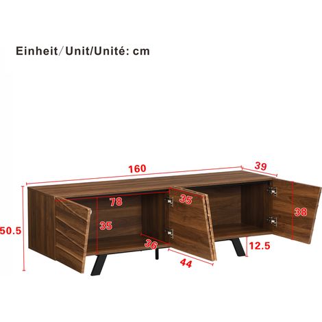 Meuble TV moderne avec façade ondulée – Table basse aspect noyer, pieds en fer noir, grand espace de rangement, gestion des câbles et étagère – Meuble de salon pour salon, couloir (160×39×50.5 cm) (1/5)